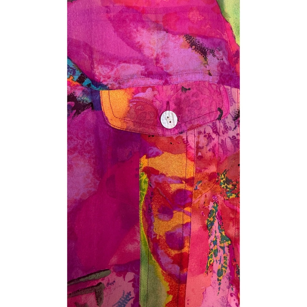 Chico's Women Medium 100% Silk Shirt Sheer Pink Multicolor Art To Wear Top - Picture 12 of 15